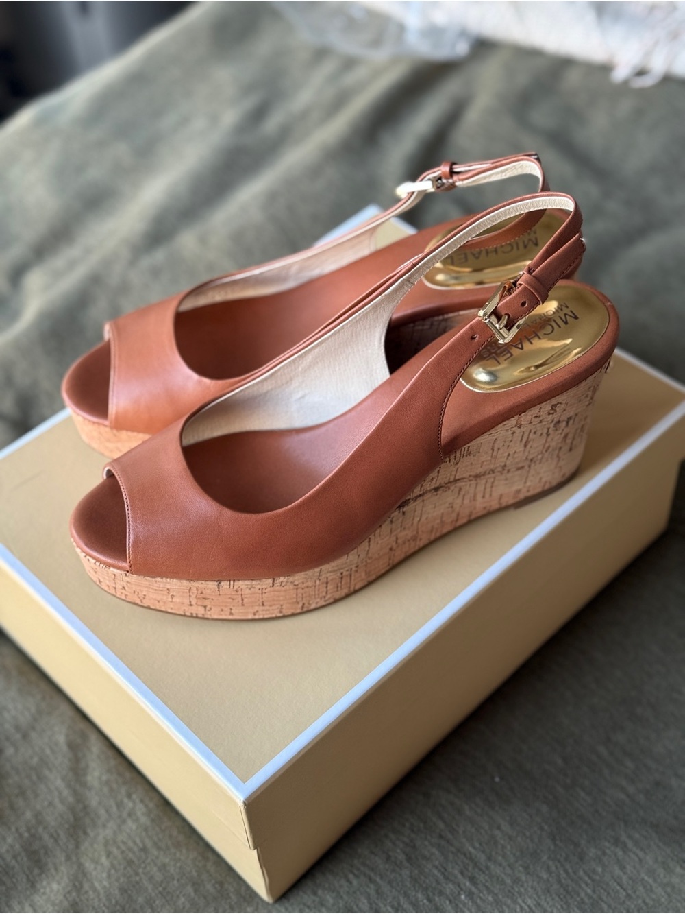 Michael Kors Cognac Leather Cork Wedge Slingback